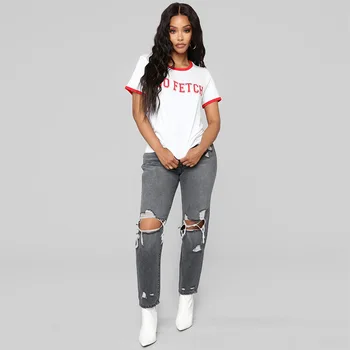 

Global fashion personality hot seller grey ripped hip hop worn straight high-waisted casual women's jeans