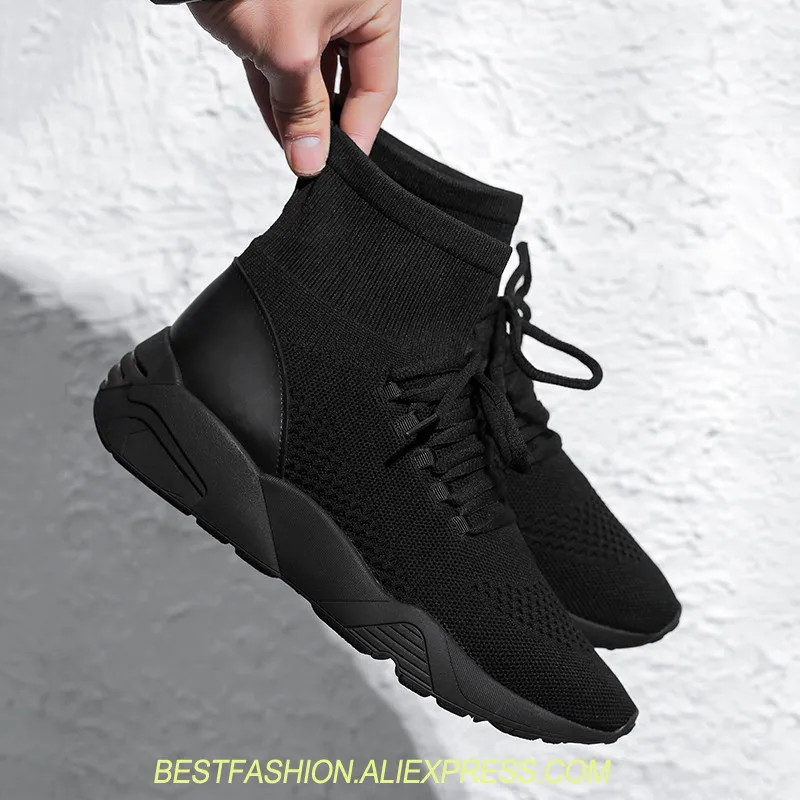 

Luxury Black Sock Sneakers Fashion Brand Stretch Fabric Shoes Lace Up High Top Women Flats Shoes For Womens Platform Flat Heel