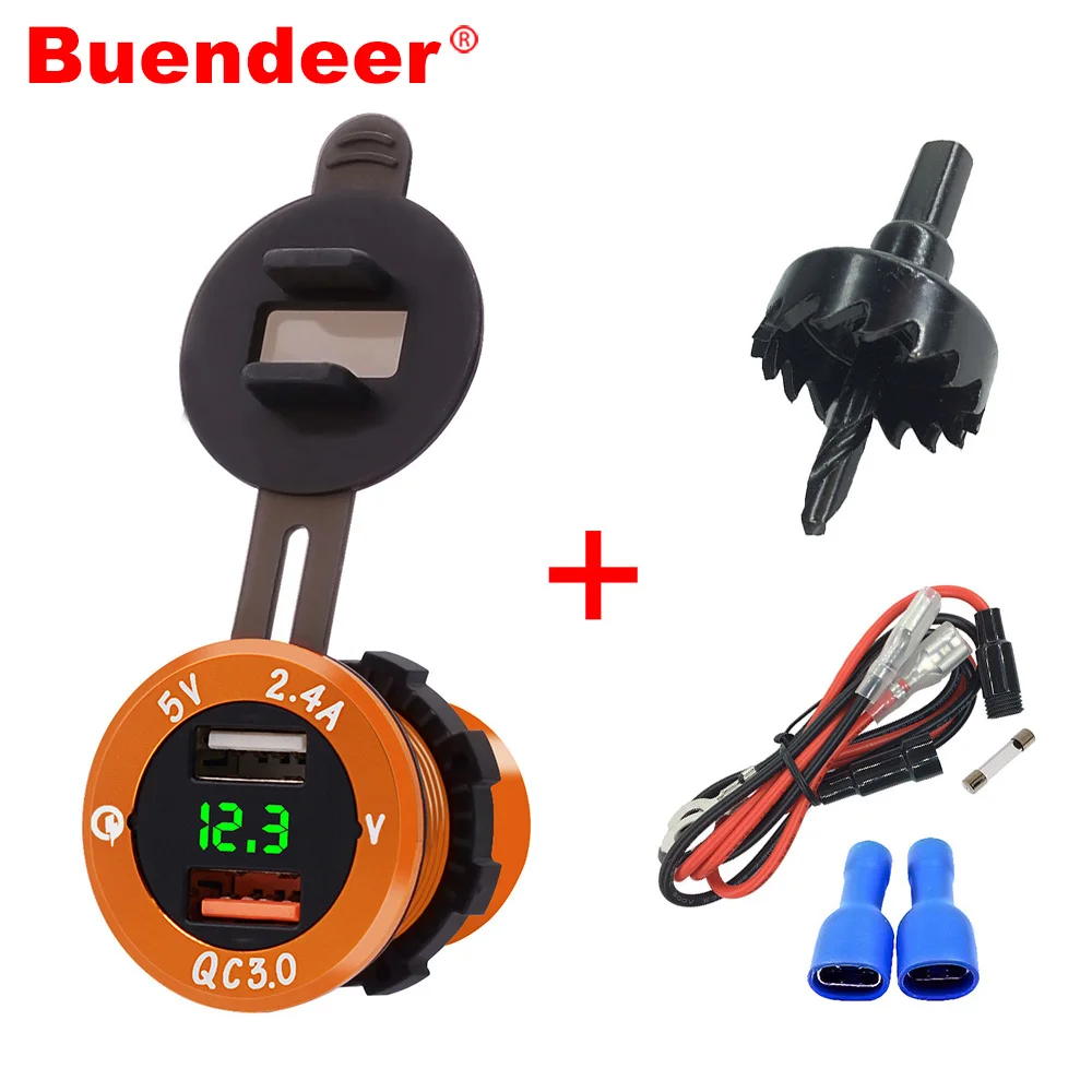 

Buendeer QC3.0 & 2.4A Dual USB Charger Socket Adapter Power Outlet Voltmeter for Car Moto ATV with Drill and 23.6 Inch Cable