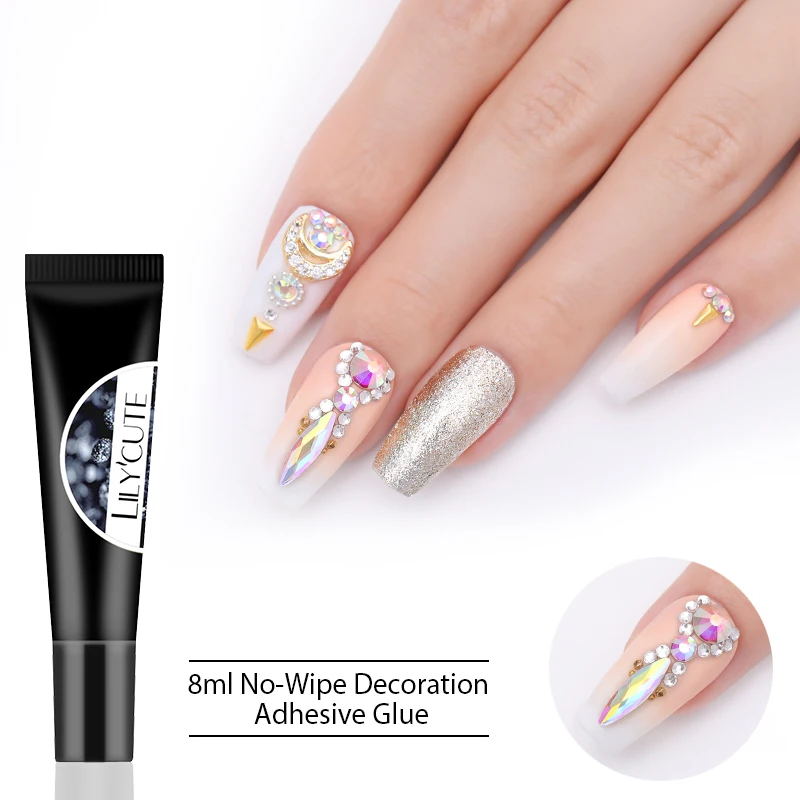 

LILYCUTE 8ml No-Wipe Nail Adhesive Glue for 3D Rhinestones Crystal Nail Decorations Extruded Design Soak off Gel Nail Art Tools