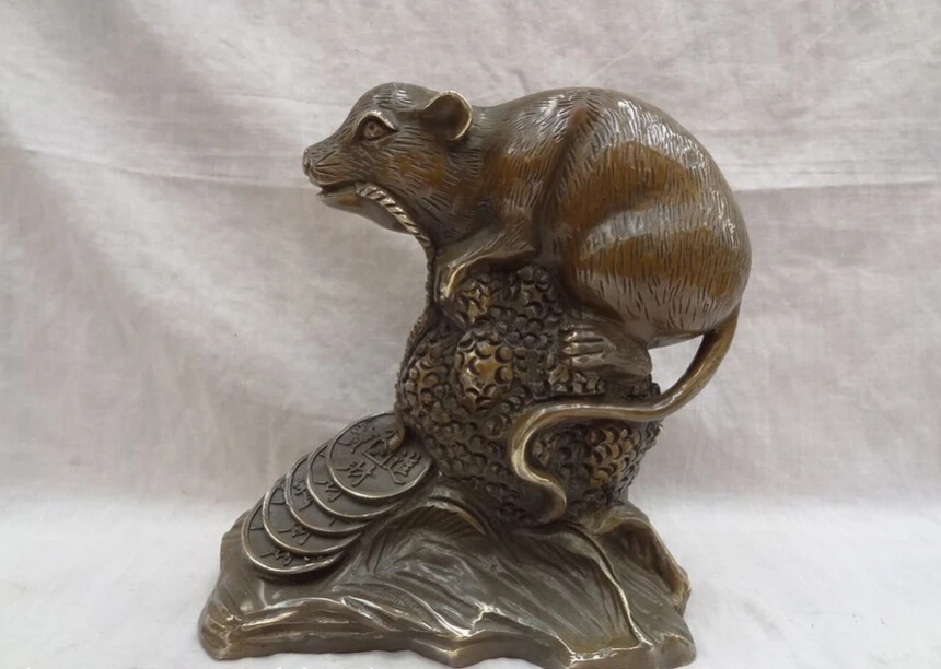 

S3072 9" Chinese Bronze Copper Wealth Mouse On Coin Ball Statue Sculpture Animals D0317