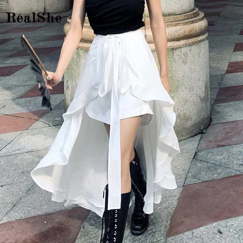 

RealShe New Ladies Skirts Womens High Elastic Elegant Asymmetrical Cake Ruffles Solid Long Skirt Summer Casual Skirt Jupe Femme