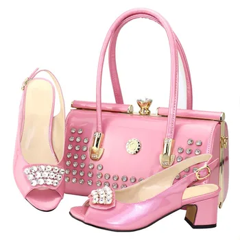 

Wonderful pink women kitten heel shoes with big crystal decoration handbag set for african shoes match bag V8102