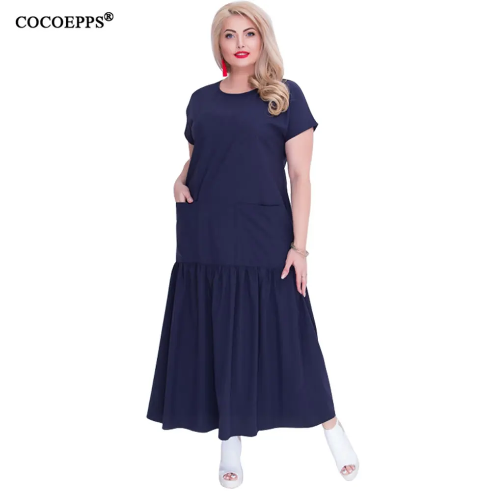 COCOEPPS размера плюс летнее одноцветное длинное платье для женщин большого размера в стиле пэчворк с карманами и круглым вырезом винтажное платье 6XL