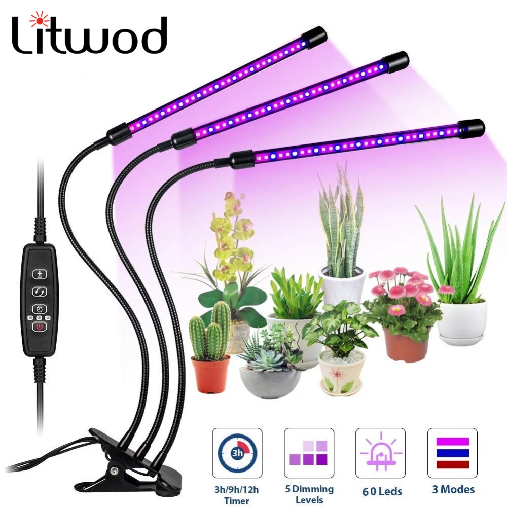 

Litwod Z30 LED Grow Light 30W Triple 3 Head Plant Lamp Timing Function Dimmable for Flower Indoor Houseplant Greenhouse Growing