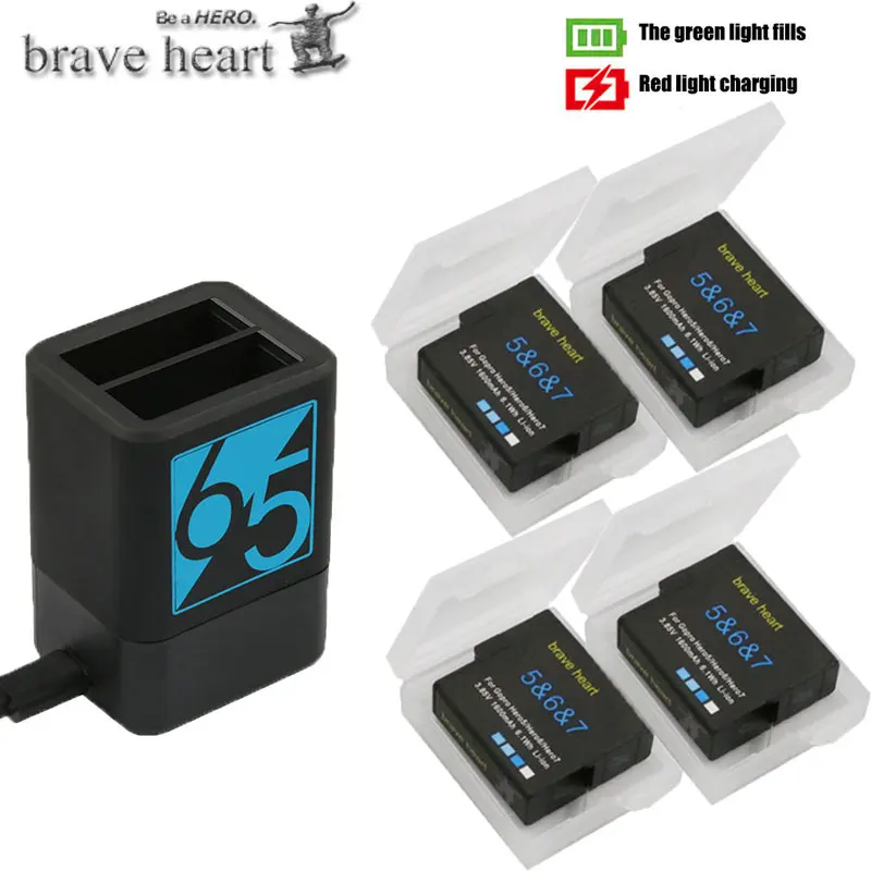 

4x 3.85V 1600mAh Fully Decoded batterie Hero 7 Battery Pack Akku + Dual Charger for Gopro Hero5 hero 5 6 7 4K hero7 black camera