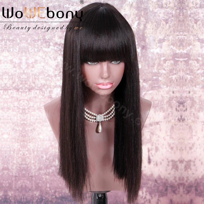 Yaki Straight Glueless Lace Front Human Hair Wigs With Full Bangs Brazilian Remy Hair Regular Yaki Silk Top Lace Wig Whorl