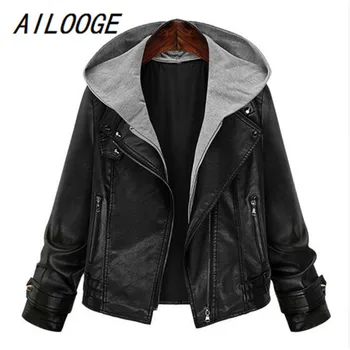 

2018 Autumn New Long Sleeve Hooded PU Leather Jacket European and American Slim Moto & Biker Short Jacket Women