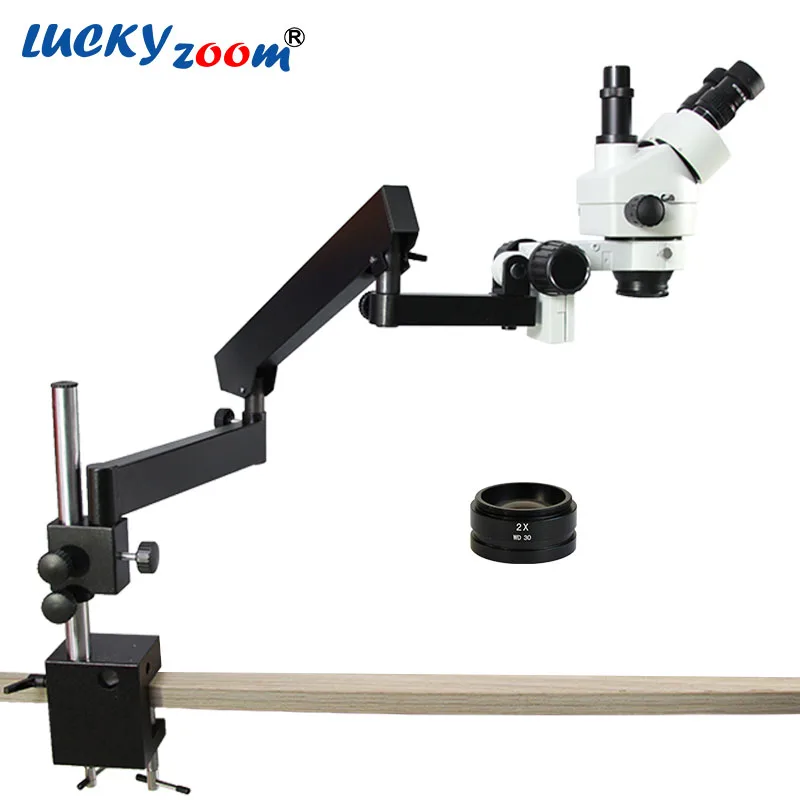 

Lucky Zoom Brand 7X-90X Trinocular Stereo Microscope Articulating Arm Pillar Clamp Stand Microscope Soldering Microscopio Repair