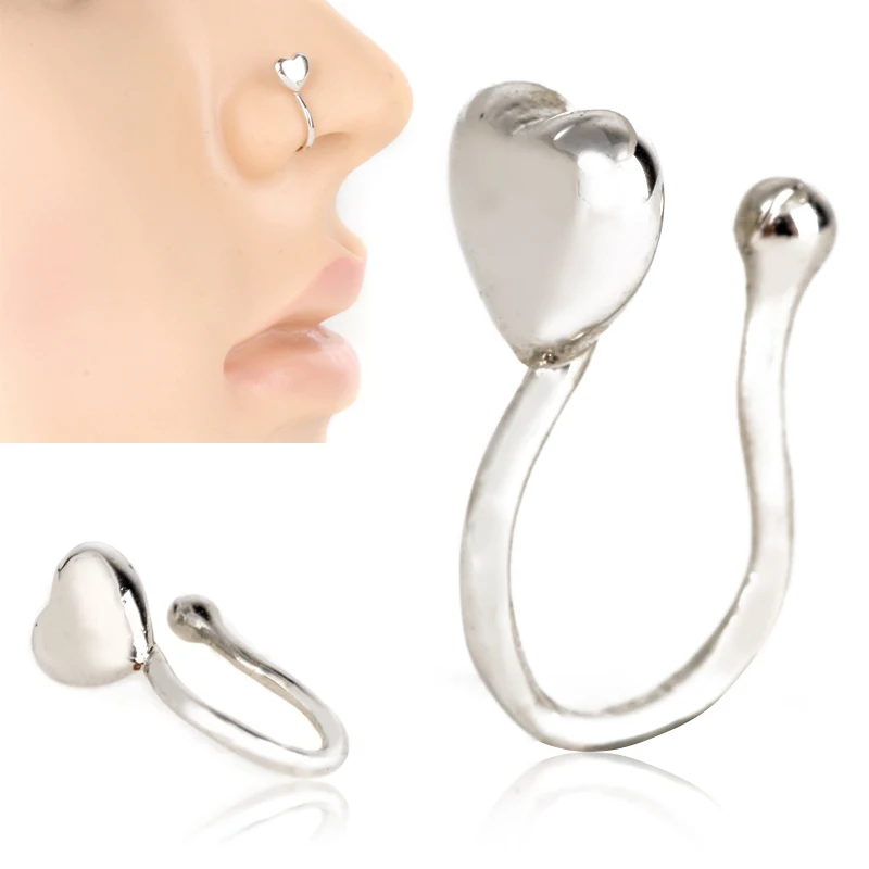 Нержавеющая сталь в форме сердца носа кольца в нос клип на нос кольцо тела поддельные пирсинг ювелирные изделия для женщин
