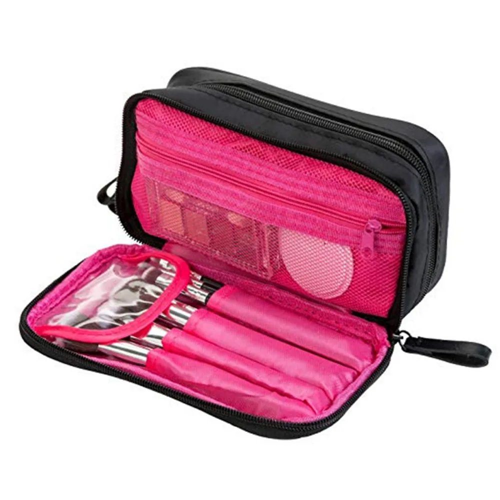 Black/Black-Pink Portable Women Nylon Cloth Dual Layer cosmetic Make up Pouch Brush Organizer Storage Bag cosmet Makeup Tool Kit