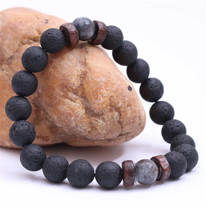 Bracelet Jewelry YIZIZAI Natural Lava Rock Stone Beads Strand Bracelet Wooden bead Accessories Black Charm Stone Men Women Jewelry Gift