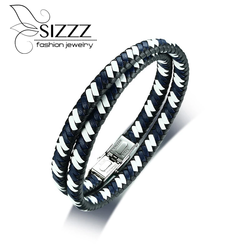 

SIZZZ Black and white microfiber leather European and American style double layer Bracelets&bangles for men