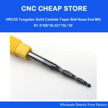 2 pièces 6mm * R1.5 * 30.5 * 75L, CNC NANO HRC55 fraise en bout de carbure solide, fraise à bois conique CNC, 2 cannelures