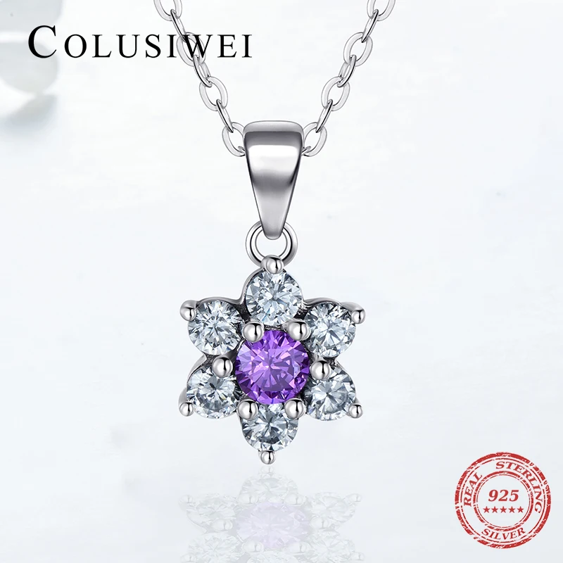 

2018 New 100% Real 925 Sterling Silver Purple Flowers Pendant Necklace Fashion Crystal CZ Simple For Women Wedding Jewelry Chain