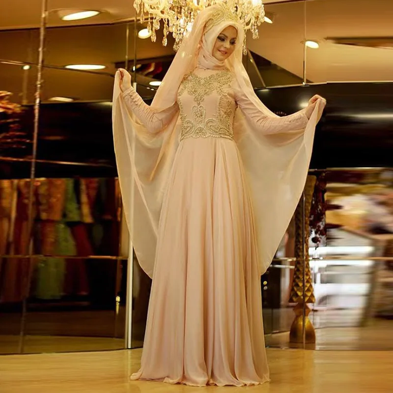 New Long Sleeve Evening Dress Formal Dresses Chiffon Hijab Prom Dresses