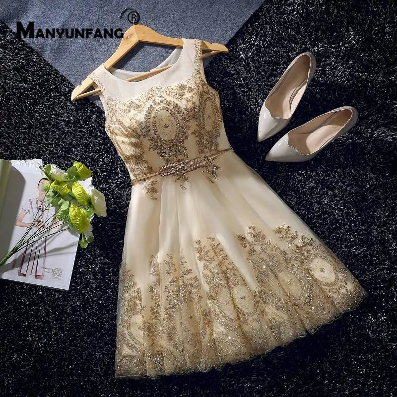 

Vestidos De Formatura MANYUNFANG Gold Prom Dresses Scoop Neck Sexy Belt Prom Short Dress Knee Length Party Prom Dress 2019
