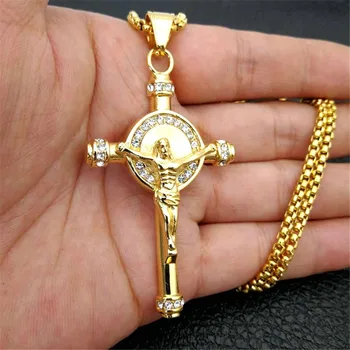 

Men's & Women's Necklace Jesus Cross Pendant With Stainless Steel Chain And Gold Color Pave Rhinestones Iced Out Bling Jewelry