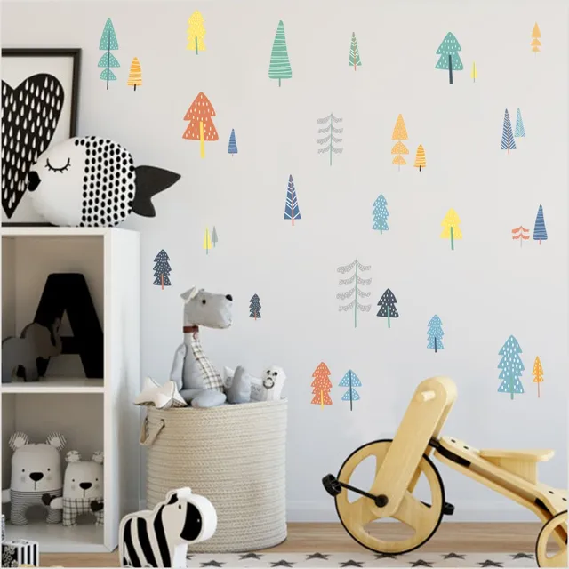 Colorful Woodland Pine Tree DIY Wall Sticker Nursery Art Decor Forest Vinyl Wall Decals For Kids Room Natural Wall Decoration
