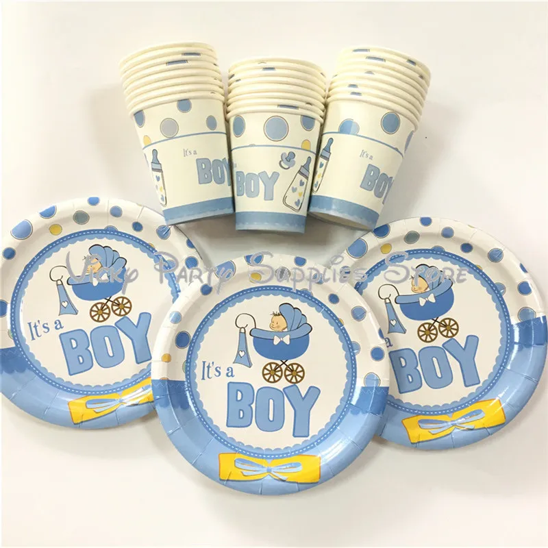 

48pcs/lot Blue Baby Boy Birthday Party Disposable Tableware Set Paper 7inch Plates Cup Set Baby Born Party Decoration Supplies