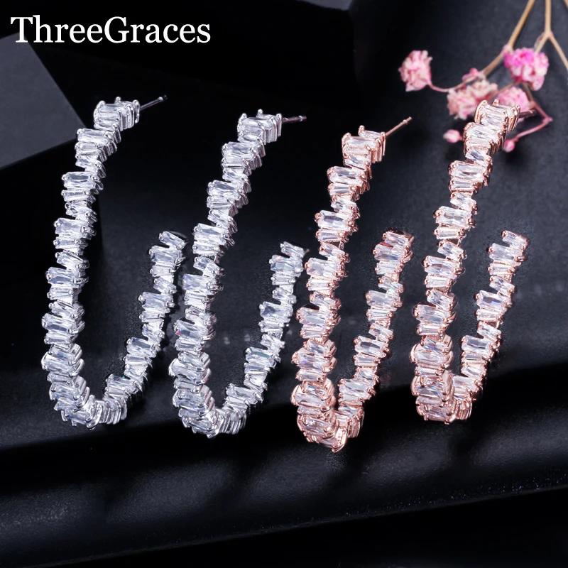 

ThreeGraces Irregular Baguette CZ Crystal 925 Sterling Silver Big Rose Gold Hoop Circle Earrings for Ladies Dancing Party ER115