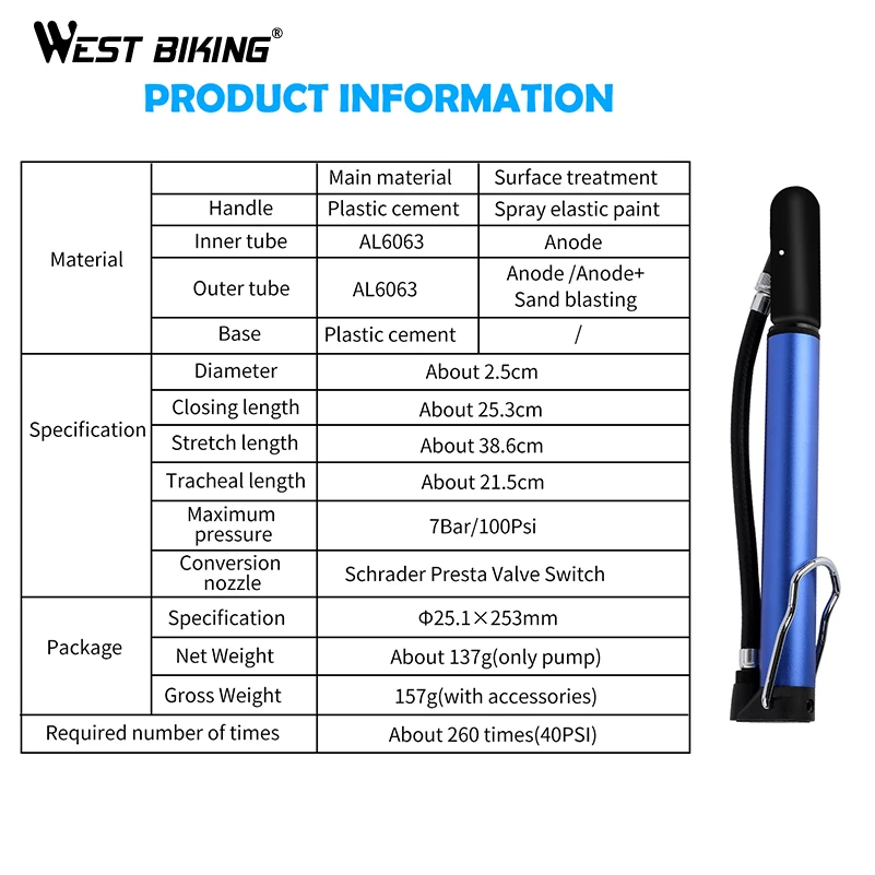 WEST BIKING 2 в 1 велосипедный напольный воздушный насос, велосипедные мини-ручные насосы, подходят для клапана Presta Schrader, 100PSI, сплав, портативный велосипедный насос