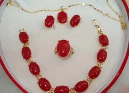 

FREE SHIPPING>>@> free shipping 00685 Gold Plated Red Jade Bracelet earring Pendant Necklace Set +free chain Natural jewelry