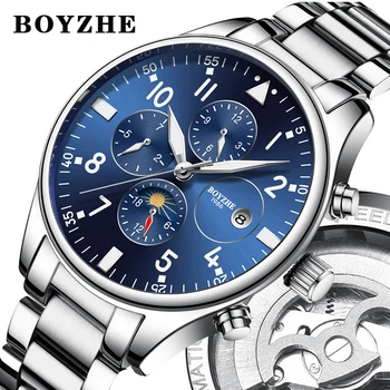

BOYZHE 2020 New Men Automatic Mechanical Watch Stainless Steel Fashion Luxury Brand Military Moon Business Sports Watches