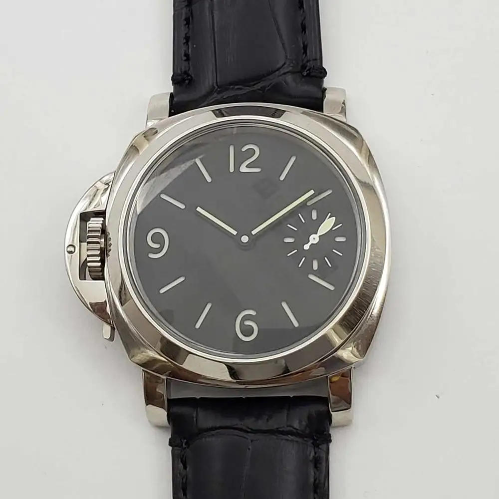 

Automatic winding men's parnis watch movement 44 mm silver stainless steel case luminous hand mineral glass leather strap S76