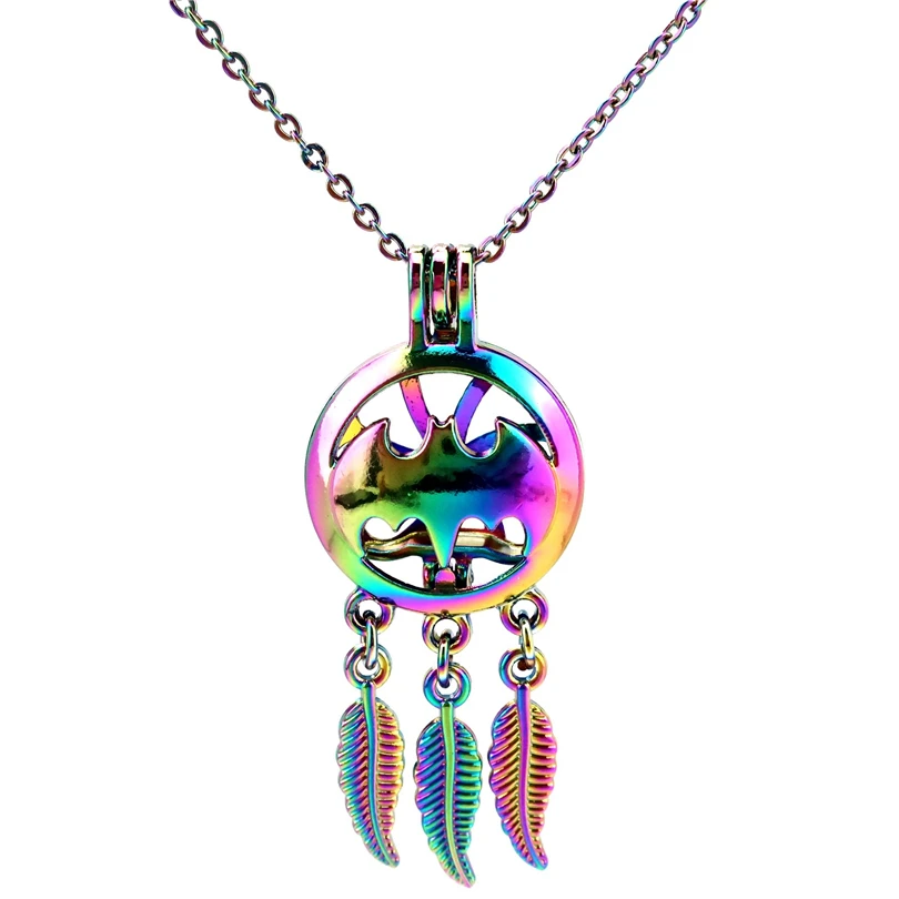 C799 Rainbow Color Dream Catcher Beaty Bat Wing Leaf Cage Pendant Aroma Essential Oil Diffuser Locket Necklace | Украшения и
