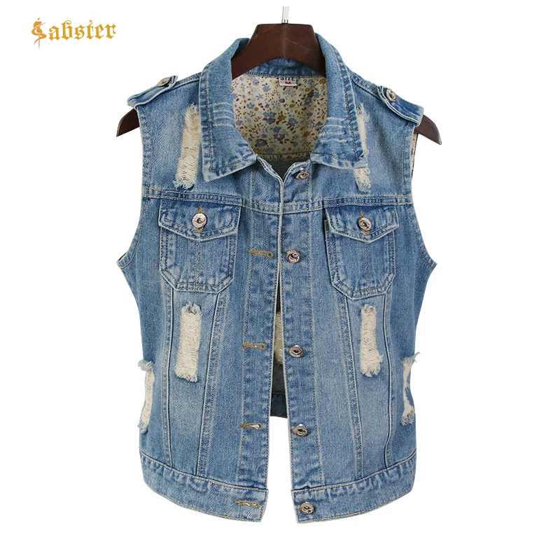 New Arriveid Denim Vest Women Washed Cowboy Sleeveless Jacket Vintage Street Holes Ripped Women Waistcoat Plus Size XS-4XL