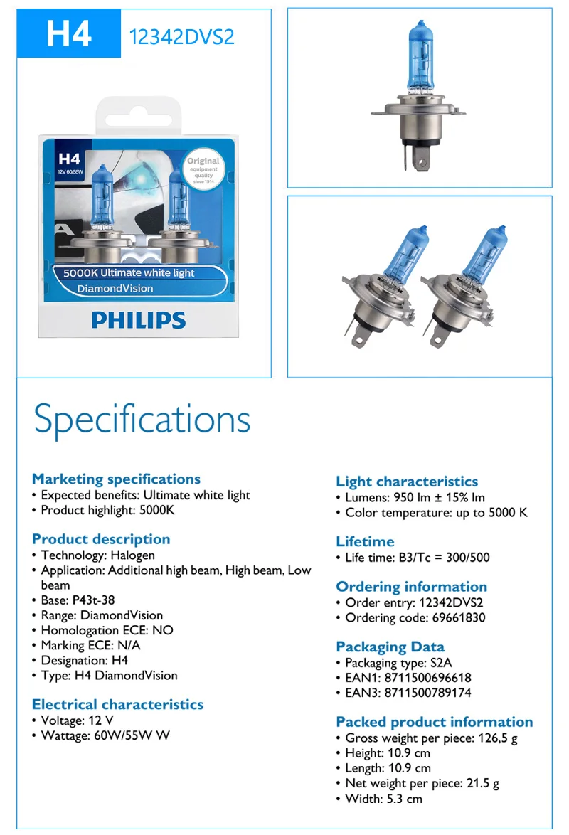 Philips H1 H4 H7 H8 H11 HB3 HB4 9003 9005 9006 12V Diamond Vision 5000K Car Halogen Head Light Fog Lamps Xenon White Bulbs, Pair dodge charger headlights