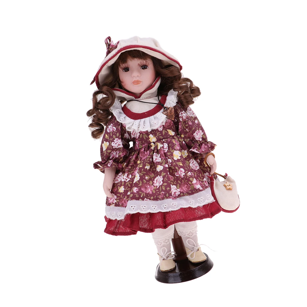 30cm Porcelain Doll Victorian Girl Standing Figures with Wooden Stand Kids Adult Collections Porcelain Dolls Collectible