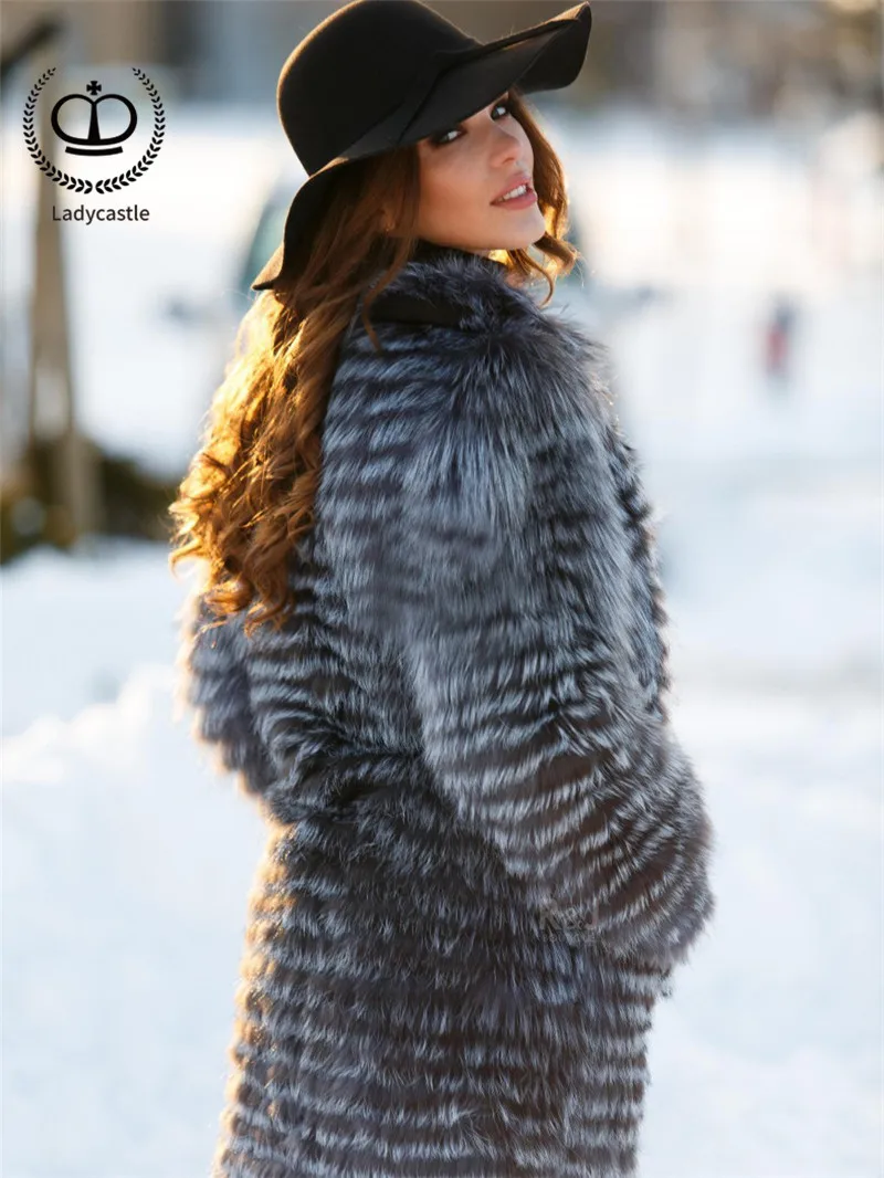 Sale 2018 New Real Sliver Fox Fur Coat With O-Neck Collar Long Jacket Big Size For Women Down Fox Fur Coat From Natural Winter FC-044 5