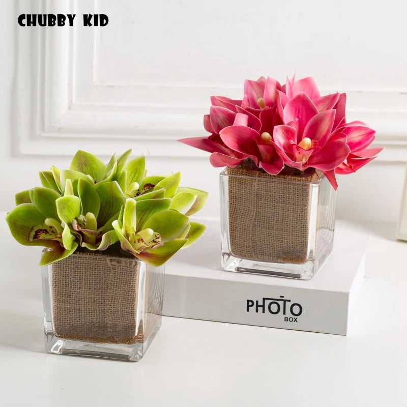 

High simulation Real touch 3D artificial Cymbidium hyridus arrangements with glass pot bonsai fake Orchid flower suit