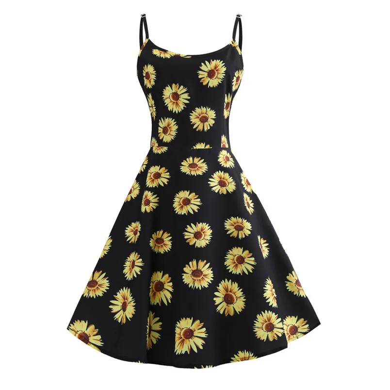 

Women Summer Dress Sleeveless Strappy Chrysanthemum Printed Casual Beach Party Lady Dress 2018 New 8620