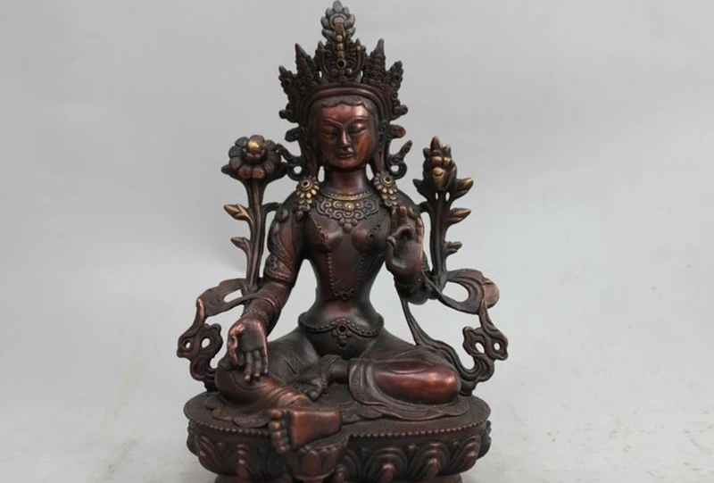 9&quot Tibetan Buddhism red Bronze Copper Bodhisattva Tara (Green) Kwan-yin Statue a 0518 | Дом и сад