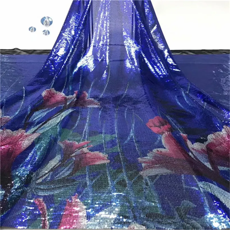 

2019 New Design African Lace Fabric High Quality French Royal Blue Embroidered Tulle Lace Fabric with Sequins