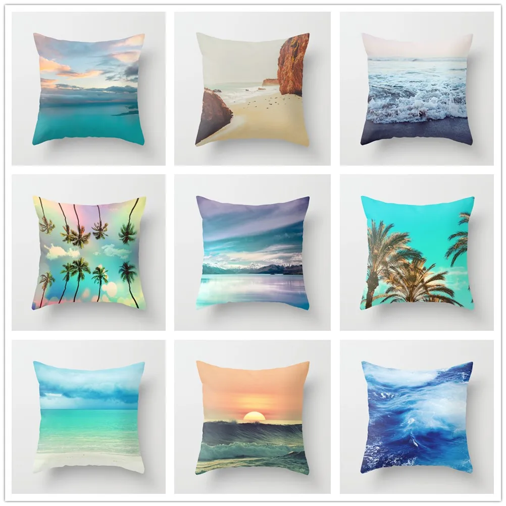 

Fresh Seaside Cushion Cover Summer Polyester Soft Pillow Covers Coconut Tree Lighthouse Decorative for Sofa Bedroom Home Decor