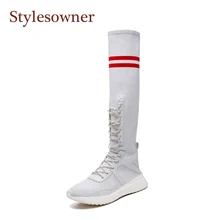 Stylesowner новые носок сапоги для женщин до колена в полоску Вязание на плоской подошве элегантные Bota дышащие высокого верха Sapatos