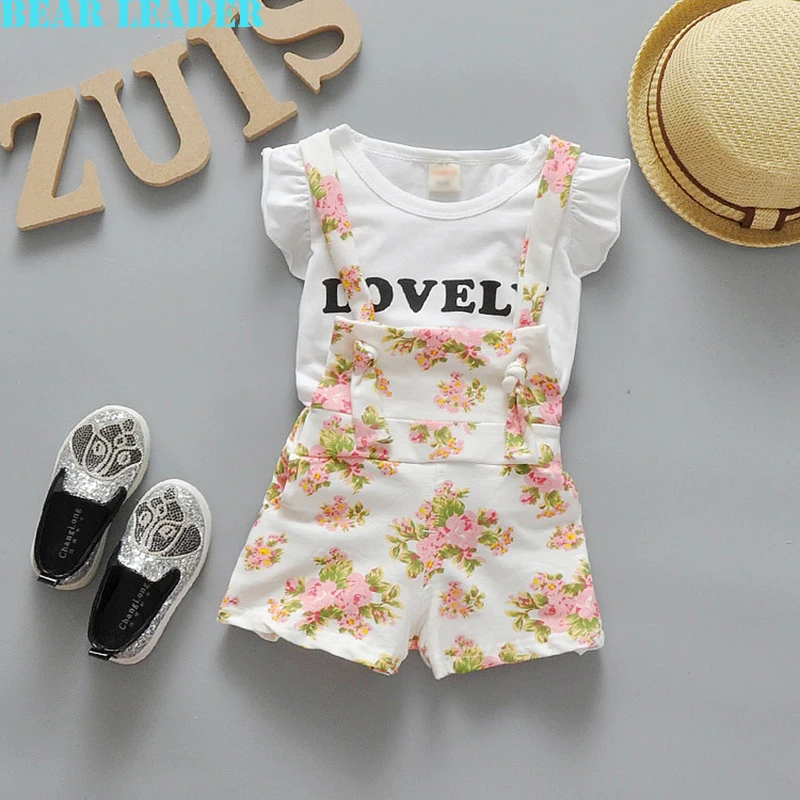 

Bear Leader Baby Clothing Sets 2016 Fashion  Baby Girl Boy Clothing Sets White Letter T-shirt+Floral straps shorts 2Pcs Clothes