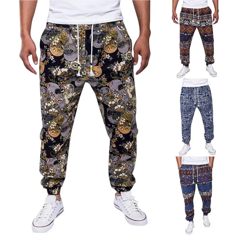 Laamei/мужские этнические хлопковые льняные повседневные спортивные штаны с принтом на шнурке, брюки для бега, одежда размера плюс, эластичные штаны