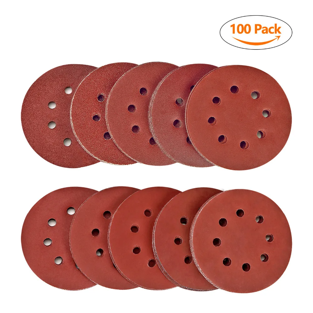 

SPTA 100pcs 5" Grit 40#-2000# Sanding Sand Paper Discs Pad 8-Hole for Sander Drill Grinder Rotary Tools Hook and Loop Sandpaper
