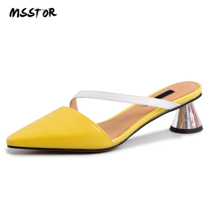 

MSSTOR Yellow High Heel Slippers Mixed Colors Pointed Toe Outdoor Slipper Summer Women Strange Style Mules Shoes Women Sexy