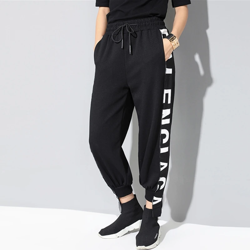 

Autumn 2019 harem pants women patchwork letter black pockets casual loose ladies trousers pantalon femme modis streetwear