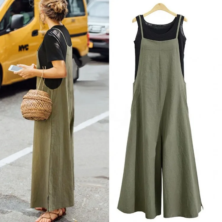 

Plus Size S-5XL Women Pocket Jumpsuits Long Wide Leg Trousers Romper Strappy Bib Overalls Casual Loose Solid Jumpsuit
