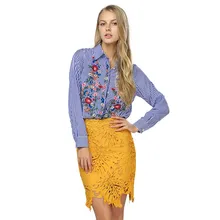 Women Blouses Casual Floral Embroidery Shirt Long Sleeve Turn Down Collar Tops Striped Blusas Femme Loose Blouse