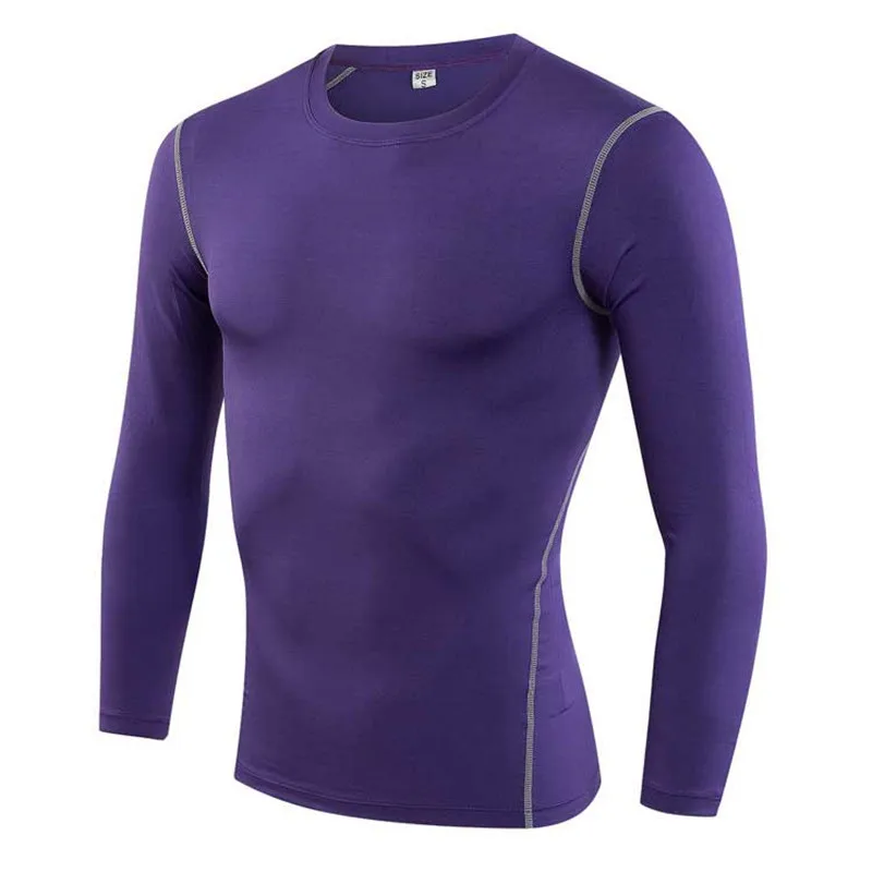 Мужская Профессиональная быстросохнущая длинная футболка для тренировок, занятий спортом, бега, йоги, сжатия, фитнеса, упражнений, одежда для футболок, футболка V1019 - Цвет: Фиолетовый