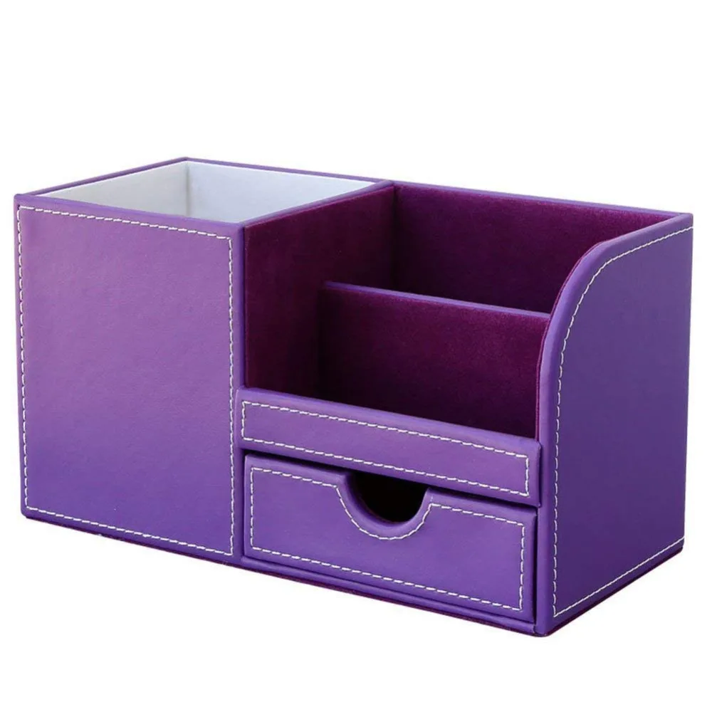 XRHYY Purple 3 Storage Compartments PU Leather Office Desktop Organizer ...