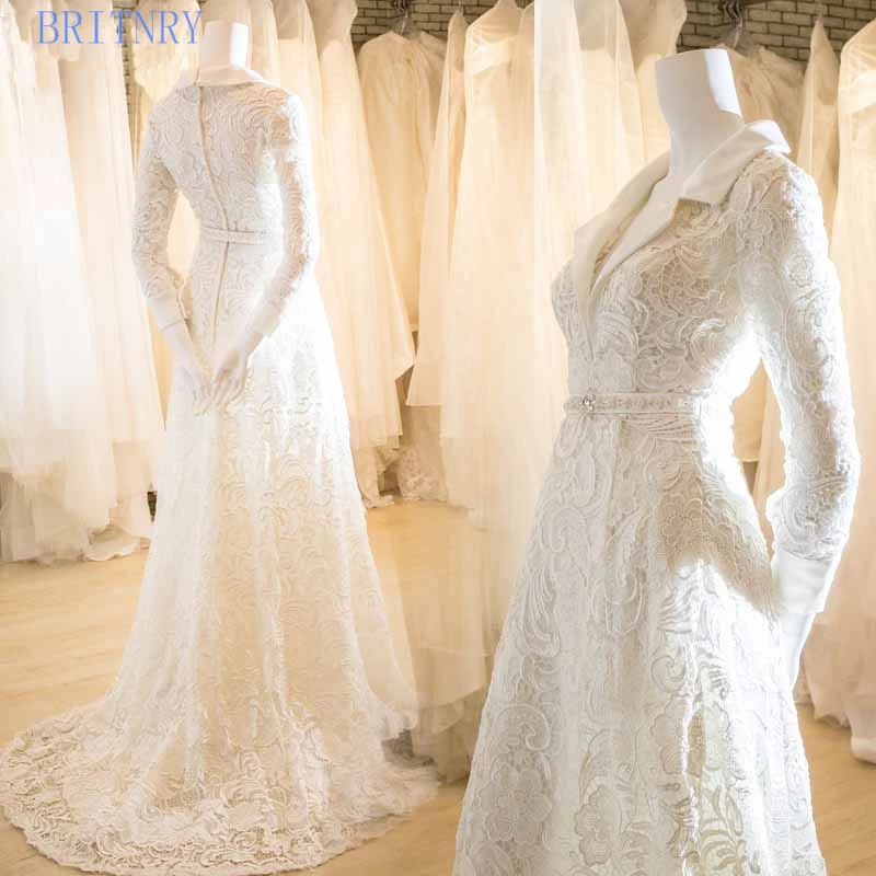 

BRITNRY Vintage Lace Wedding Dresses V Neck Long Sleeve Muslim Wedding Dress A Line Plus Size Bride Dress